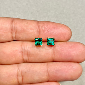 5mm Lab Created Emerald Stud Earrings | 14K Yellow Gold Princess Cut Earrings — Minimalist Gift Ideas