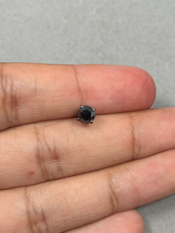 0.70-0.79 Ct Black Diamond Men’s Stud Earring – Round Rose Cut 5.4-6mm AA Quality in 14K Blackened White Gold, Single Push Back Earring