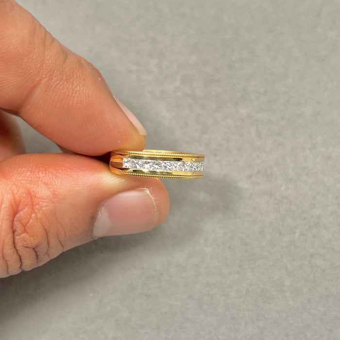 0.45–0.50 Ct Princess Cut Diamond Wedding Band | SI1–SI2 I–J Milgrain Channel Ring | 18K Yellow Gold Fine Jewelry