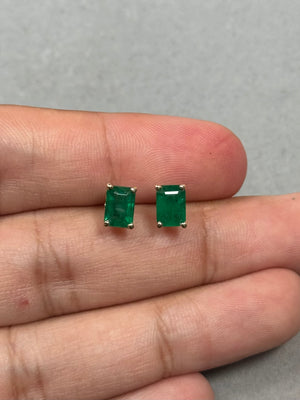 1.83–2.25 Ct Natural Emerald Stud Earrings – 7x5mm AA Emerald-Cut Gemstones in 18K Yellow Gold Scroll Setting