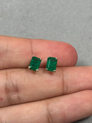 1.83–2.25 Ct Natural Emerald Stud Earrings – 7x5mm AA Emerald-Cut Gemstones in 18K Yellow Gold Scroll Setting
