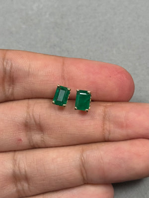 1.83–2.25 Ct Natural Emerald Stud Earrings – 7x5mm AA Emerald-Cut Gemstones in 18K Yellow Gold Scroll Setting