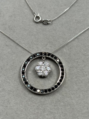 Black & White Diamond Circle Pendant Necklace 1.75ct 14K White Gold | Gemstone Statement Jewelry | Gift for Her | 18 Inch Chain
