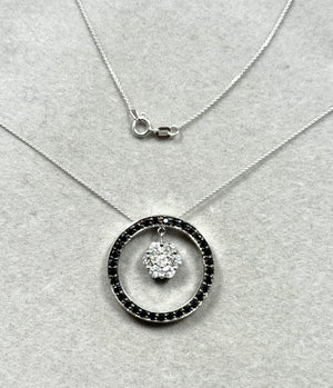 Black & White Diamond Circle Pendant Necklace 1.75ct 14K White Gold | Gemstone Statement Jewelry | Gift for Her | 18 Inch Chain