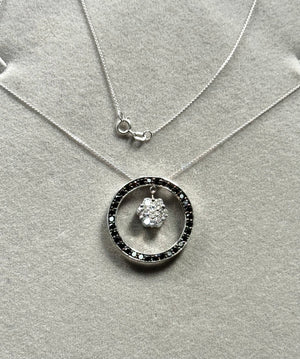 Black & White Diamond Circle Pendant Necklace 1.75ct 14K White Gold | Gemstone Statement Jewelry | Gift for Her | 18 Inch Chain