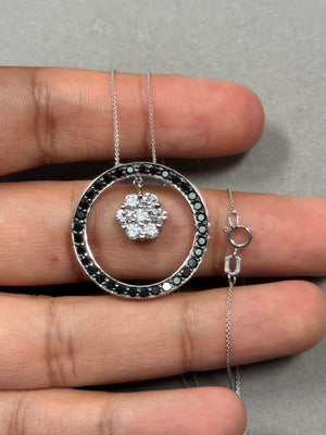 Black & White Diamond Circle Pendant Necklace 1.75ct 14K White Gold | Gemstone Statement Jewelry | Gift for Her | 18 Inch Chain