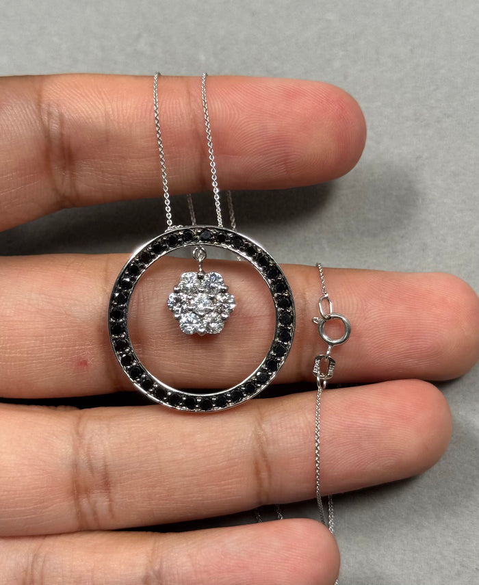 Black & White Diamond Circle Pendant Necklace 1.75ct 14K White Gold | Gemstone Statement Jewelry | Gift for Her | 18 Inch Chain