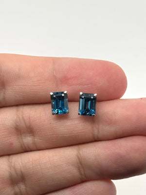 London Blue Topaz Stud Earrings | 14K White Gold Emerald Cut — December Birthstone Gift for Her Elegant Jewelry