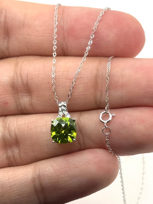 cushion cut peridot diamond pendant in 14k white gold filigree design