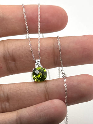Peridot Diamond Pendant | 14K White Gold Antique Filigree — Cushion Cut August Birthstone Gift for Her