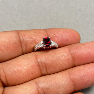 Garnet & Diamond Ring - 14K White Gold, AAA Barrel-Cut Gem (Size 4.5)