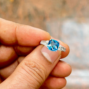 Swiss Blue Topaz Diamond Ring, 14K White Gold, Size 7