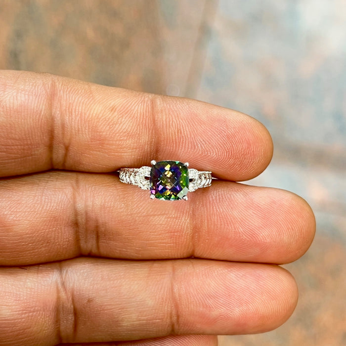 2.12 Ct AAA Mystic Topaz & 0.04 Ct Diamond Ring | Cushion Checker Cut | 14K White Gold Antique Filigree Fine Jewelry