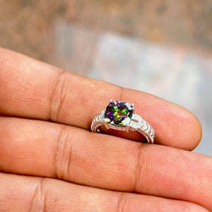 2.12 Ct AAA Mystic Topaz & 0.04 Ct Diamond Ring | Cushion Checker Cut | 14K White Gold Antique Filigree Fine Jewelry