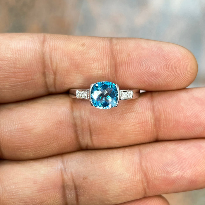 2.12 Ct Swiss Blue Topaz & 0.08 Ct Diamond Ring | Cushion Checker Cut | 14K White Gold Fine Jewelry | December Birthstone Gift Ring Size 10