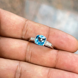 2.12 Ct Swiss Blue Topaz & 0.08 Ct Diamond Ring | Cushion Checker Cut | 14K White Gold Fine Jewelry | December Birthstone Gift Ring Size 10