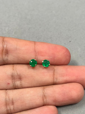 Natural Emerald Stud Earrings in 14K Yellow Gold – 5mm Round AA Quality Gemstones, 0.61-0.95 Cts, Classic Scroll Setting