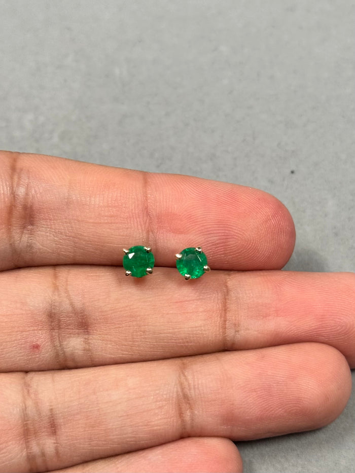 Natural Emerald Stud Earrings in 14K Yellow Gold – 5mm Round AA Quality Gemstones, 0.61-0.95 Cts, Classic Scroll Setting