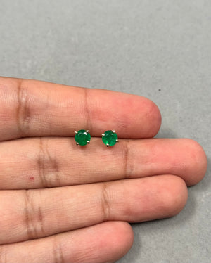 Natural Emerald Stud Earrings in 14K Yellow Gold – 5mm Round AA Quality Gemstones, 0.61-0.95 Cts, Classic Scroll Setting