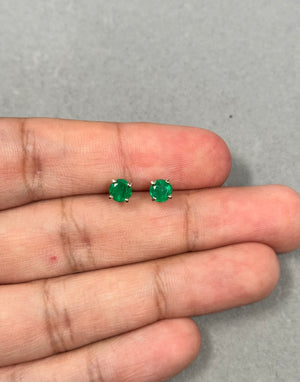 Natural Emerald Stud Earrings in 14K Yellow Gold – 5mm Round AA Quality Gemstones, 0.61-0.95 Cts, Classic Scroll Setting
