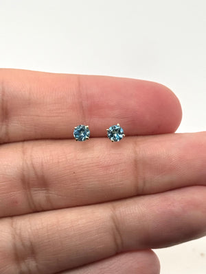 Swiss Blue Topaz Stud Earrings 14K Yellow Gold | 4mm Round Blue Topaz Earrings | AA Topaz Studs | December Birthstone | Minimalist Jewelry