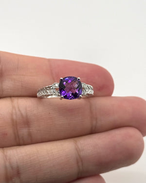 Amethyst Diamond Ring | 14K White Gold Filigree — Cushion Cut February Birthstone Gift for Her Ring size 7