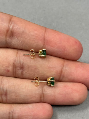 Natural Emerald Stud Earrings in 14K Yellow Gold – 5mm Round AA Quality Gemstones, 0.61-0.95 Cts, Classic Scroll Setting