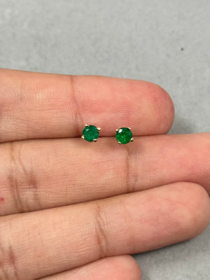 Natural Emerald Stud Earrings in 14K Yellow Gold – 4mm Round AA Quality Emerald Scroll Earrings 0.42-0.55 Ct – Jewelry Gift for Her