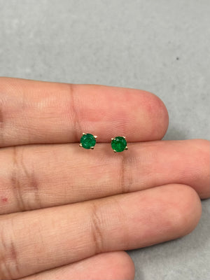 Natural Emerald Stud Earrings in 14K Yellow Gold – 4mm Round AA Quality Emerald Scroll Earrings 0.42-0.55 Ct – Jewelry Gift for Her