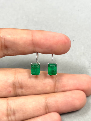 2.75-3.47 Cts 8x6 mm AA Emerald-Cut Natural Emerald Stud Earrings with Scroll Lever Backs in 14K White Gold