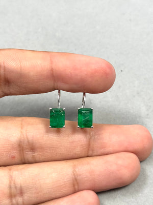 2.75-3.47 Cts 8x6 mm AA Emerald-Cut Natural Emerald Stud Earrings with Scroll Lever Backs in 14K White Gold