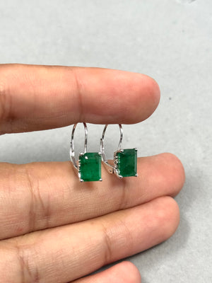 2.75-3.47 Cts 8x6 mm AA Emerald-Cut Natural Emerald Stud Earrings with Scroll Lever Backs in 14K White Gold