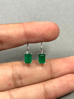 1.83–2.25 Cts of 7x5 mm AA Emerald Cut Natural Emerald Stud Earrings with Scroll Lever Backs in 14K White Gold