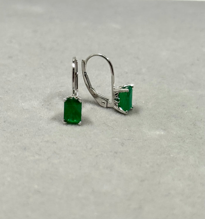 0.98-1.07 Ct Natural Emerald Stud Earrings | 6x4mm AA Emerald Cut Gemstones | Scroll Lever Back Earrings in 14K White Gold