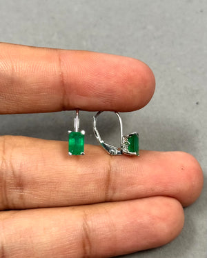 0.98-1.07 Ct Natural Emerald Stud Earrings | 6x4mm AA Emerald Cut Gemstones | Scroll Lever Back Earrings in 14K White Gold