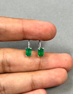 0.98-1.07 Ct Natural Emerald Stud Earrings | 6x4mm AA Emerald Cut Gemstones | Scroll Lever Back Earrings in 14K White Gold