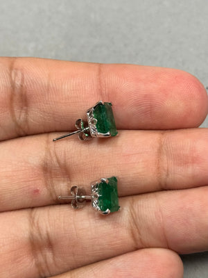 Platinum Emerald Stud Earrings – 2.75-3.47 Ct 8x6mm AA Emerald-Cut Natural Green Scroll Earrings – Genuine May Birthstone Jewelry Gift