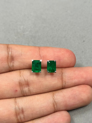 Platinum Emerald Stud Earrings – 2.75-3.47 Ct 8x6mm AA Emerald-Cut Natural Green Scroll Earrings – Genuine May Birthstone Jewelry Gift