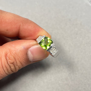 Peridot & Diamond Ring – 14K White Gold Cushion Checkerboard, Size 6