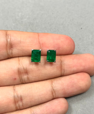 Platinum Emerald Stud Earrings – 2.75-3.47 Ct 8x6mm AA Emerald-Cut Natural Green Scroll Earrings – Genuine May Birthstone Jewelry Gift