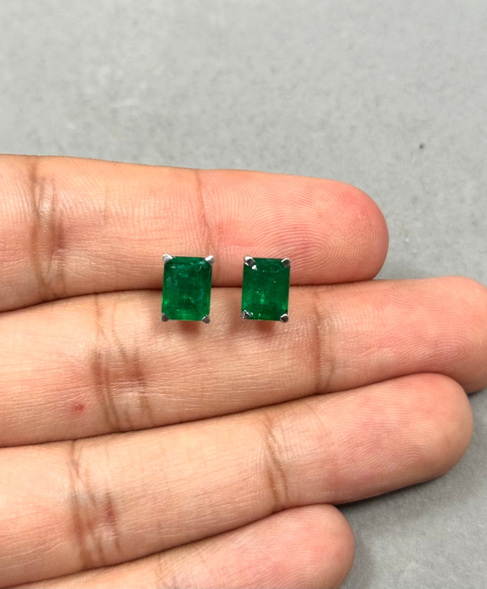 Platinum Emerald Stud Earrings – 2.75-3.47 Ct 8x6mm AA Emerald-Cut Natural Green Scroll Earrings – Genuine May Birthstone Jewelry Gift