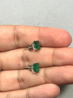 Platinum Emerald Stud Earrings – 1.83-2.25 Ct 7x5mm AA Emerald-Cut Natural Green Scroll Earrings – Genuine May Birthstone Jewelry Gift