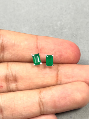 Platinum Emerald Stud Earrings – 0.98-1.07 Ct 6x4mm AA Emerald-Cut Natural Green Scroll Earrings – Genuine May Birthstone Jewelry Gift