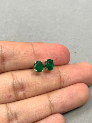 18K Yellow Gold Emerald Stud Earrings – 1.20-1.60 Ct 7x5mm AA Oval Natural Green Scroll Earrings – Genuine May Birthstone Jewelry Gift