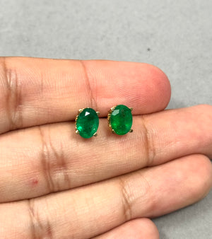 14K Yellow Gold Emerald Stud Earrings – 1.82-2.55 Ct 8x6mm AA Oval Natural Green Scroll Earrings – Genuine May Birthstone Jewelry Gift