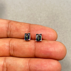 14K White Gold Mystic Fire Topaz Earrings | Barrel-Cut Gemstone