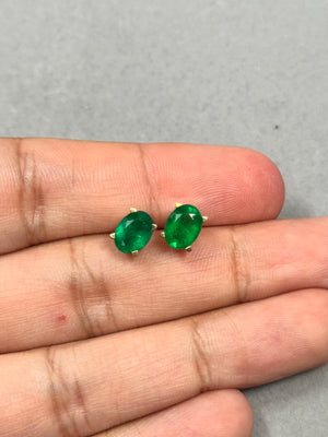 14K Yellow Gold Emerald Stud Earrings – 1.82-2.55 Ct 8x6mm AA Oval Natural Green Scroll Earrings – Genuine May Birthstone Jewelry Gift