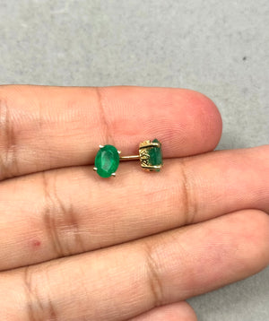 14K Yellow Gold Emerald Stud Earrings – 1.20-1.60 Ct 7x5mm AA Oval Natural Green Scroll Earrings – Genuine May Birthstone Jewelry Gift