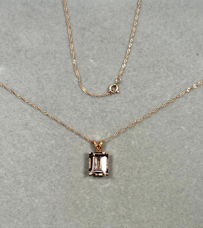 14K Pink Gold Morganite Pendant – 2.65-3.23 Ct 10x8mm AAA Emerald-Cut Solitaire Scroll Necklace – Genuine Peach Pink Gemstone Jewelry Gift