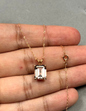 14K Pink Gold Morganite Pendant – 2.65-3.23 Ct 10x8mm AAA Emerald-Cut Solitaire Scroll Necklace – Genuine Peach Pink Gemstone Jewelry Gift